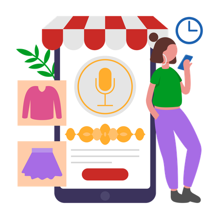 Frau kauft über Voice Shopping Assistant ein  Illustration
