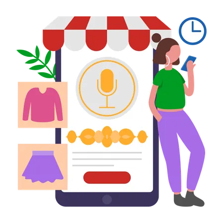 Frau kauft über Voice Shopping Assistant ein  Illustration