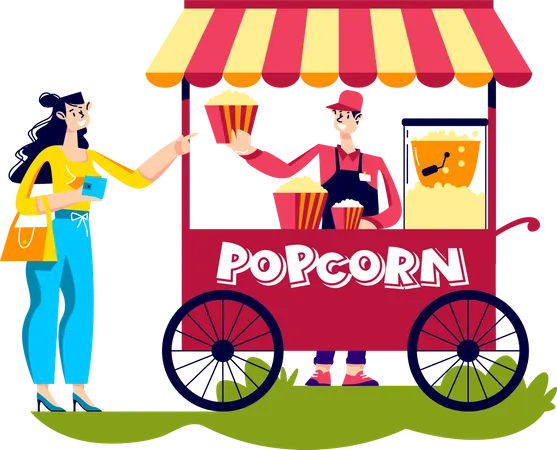 Frau kauft Popcorn im Straßenkiosk  Illustration