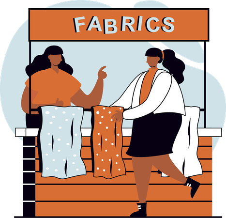 Frau kauft Stoff am Stoffstand  Illustration