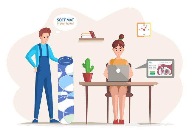 Frau kauft Teppich online  Illustration