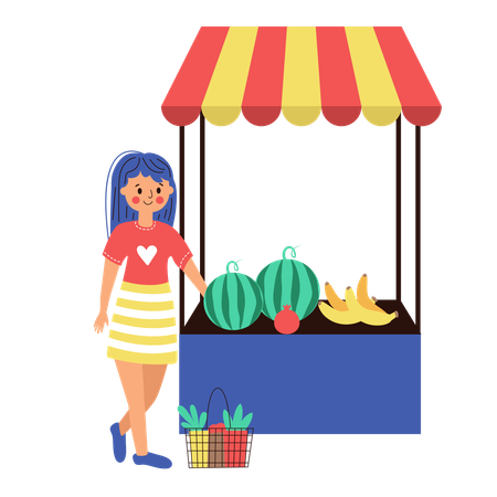 Frau kauft Wassermelonen auf dem Markt  Illustration