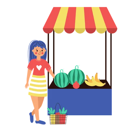 Frau kauft Wassermelonen auf dem Markt  Illustration