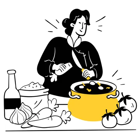 Frau kocht großes Essen  Illustration