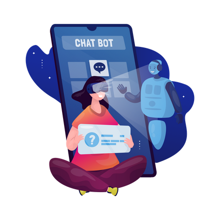 Frau kommuniziert mit virtuellem Chatbot  Illustration