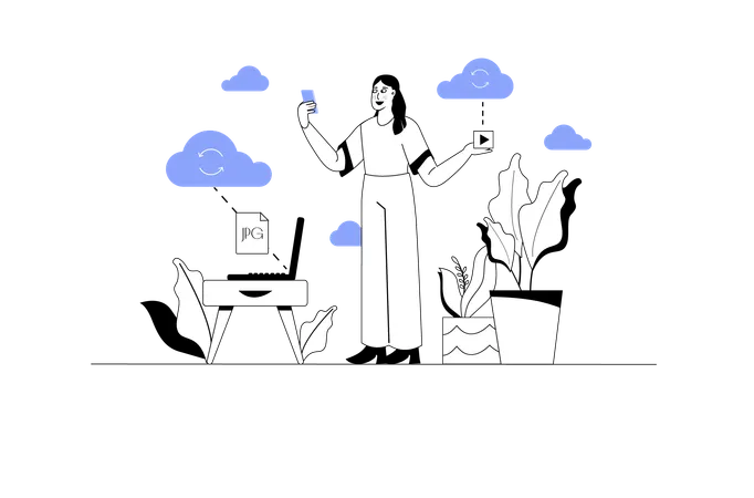 Frau lädt Daten aus der Cloud hoch  Illustration