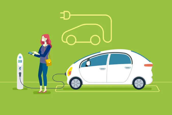 Frau lädt ein Elektroauto an einer Ladestation auf  Illustration