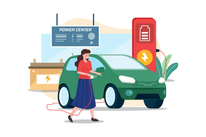 Frau lädt Elektroauto im Power Center auf  Illustration