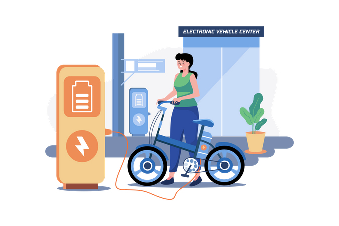 Frau lädt das Elektrofahrrad im Electronic Vehicle Center auf  Illustration