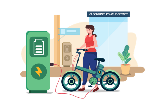 Frau lädt das Elektrofahrrad im Electronic Vehicle Center auf  Illustration