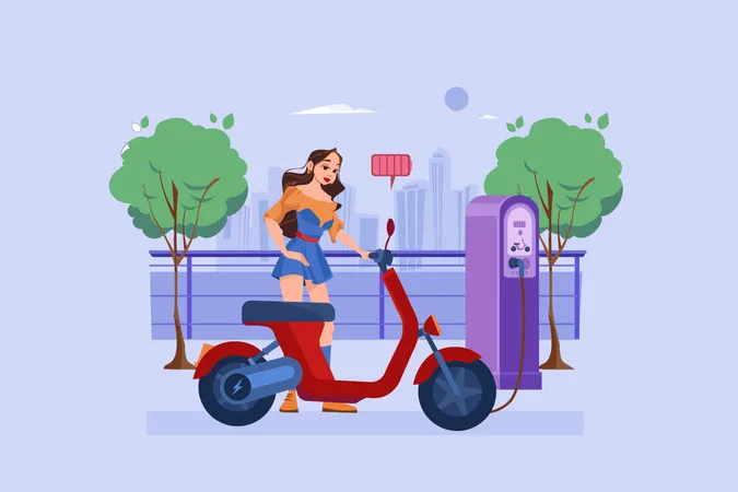 Frau lädt das Elektrofahrrad im Electronic Vehicle Center auf  Illustration