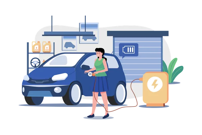 Frau lädt zu Hause ein Elektroauto auf  Illustration