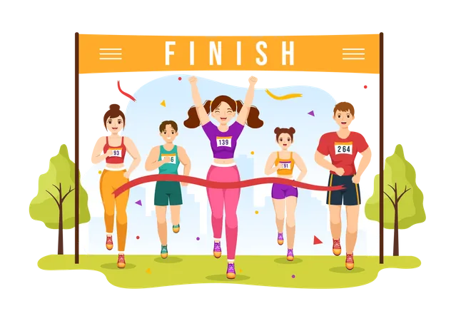 Marathon Rennen Illustration Mit Laufenden Menschen Jogging Sportturnier Und Lauf Zur Ziellinie In Einer Flachen Handgezeichneten Cartoon Vorlage Illustration