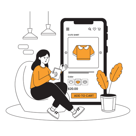 Frau legt Hemd in den Warenkorb einer E-Commerce-App  Illustration