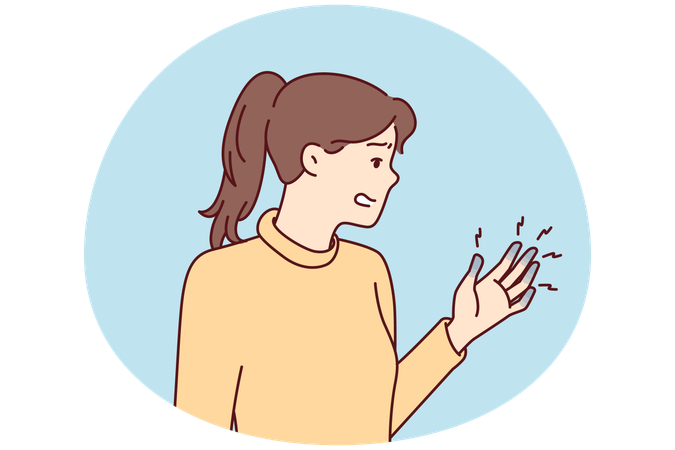 Frau leidet unter blauen Fingern nach einer Verletzung oder chronischen Krankheit und wird von Schmerzen gequält  Illustration