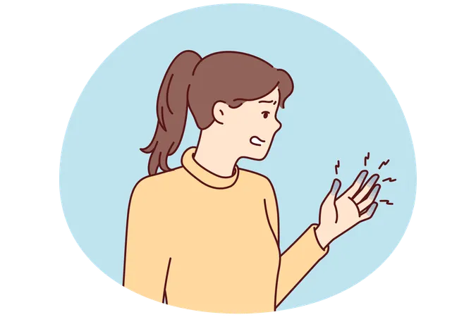 Frau leidet unter blauen Fingern nach einer Verletzung oder chronischen Krankheit und wird von Schmerzen gequält  Illustration