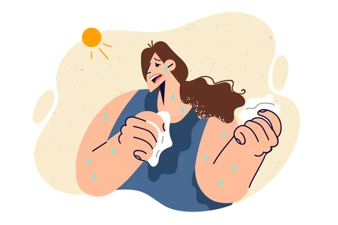 Frau leidet unter Hitze, die Erschöpfung und Sonnenstich verursacht, und bricht in Schweiß aus aufgrund der hellen Sonne  Illustration