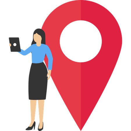 Junge Geschäftsfrau studiert an einer Stecknadel auf der Karte und nutzt Smartphones  Illustration