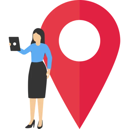 Junge Geschäftsfrau studiert an einer Stecknadel auf der Karte und nutzt Smartphones  Illustration