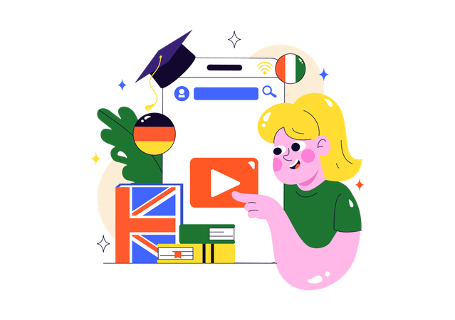 Frau lernt aus Online-Sprachlernkurs  Illustration