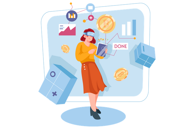 Frau lernt Blockchain durch AR-Technologie  Illustration