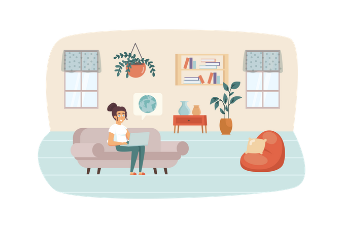 Frau studiert mit Laptop, sitzt auf der Couch im Wohnzimmer  Illustration