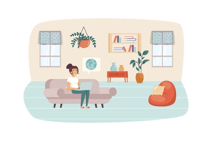 Frau studiert mit Laptop, sitzt auf der Couch im Wohnzimmer  Illustration