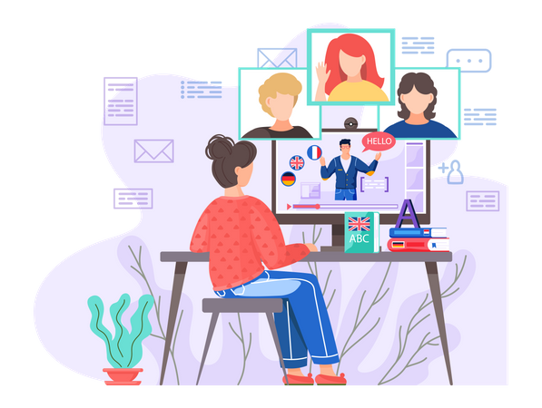 Frau lernt online Fremdsprachen  Illustration