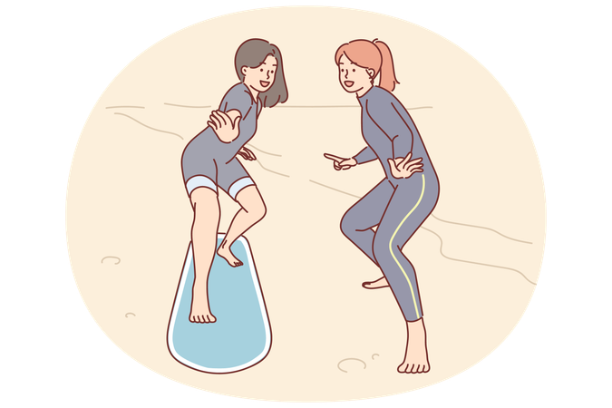 Frau lernt zusammen mit einem Lehrer auf einem Surfbrett am Sandstrand surfen.  Illustration