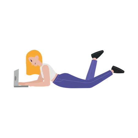 Frau liegt auf dem Boden und benutzt Laptop  Illustration