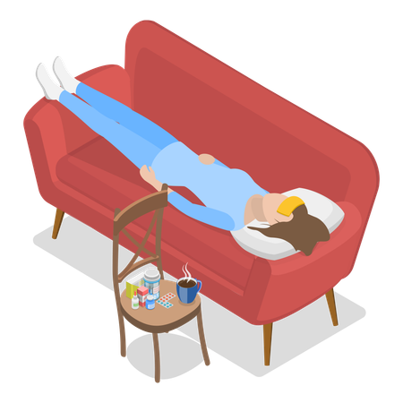 Frau liegt mit Fieber auf dem Sofa  Illustration