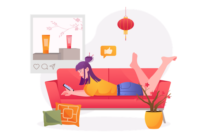 Frau liegt mit Handy auf dem Sofa  Illustration