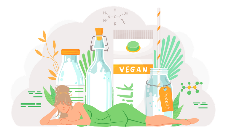 Frau liegt neben Flaschen mit veganem Getränk  Illustration