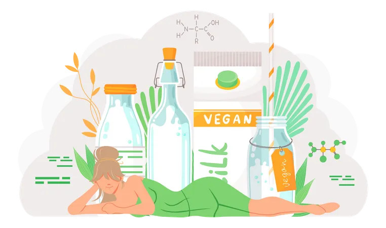 Frau liegt neben Flaschen mit veganem Getränk  Illustration