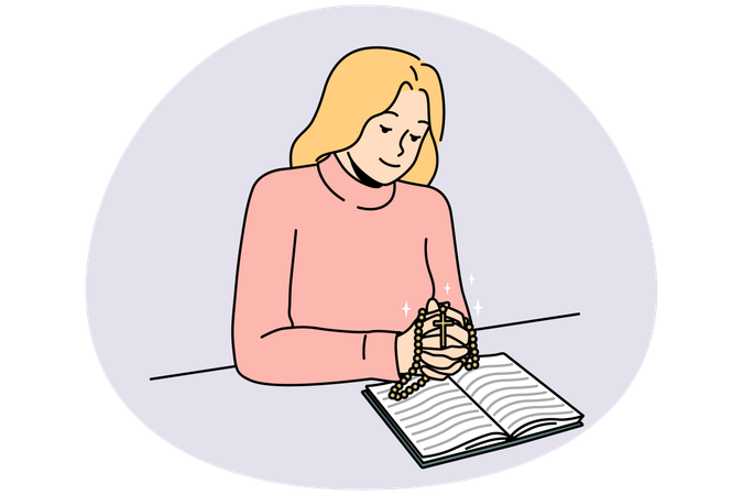 Frau liest Bibel und betet mit Rosenkranz  Illustration