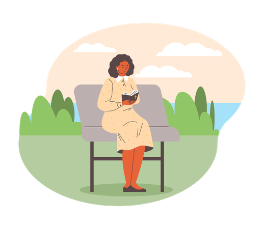 Frau liest Bibelbuch auf Parkbank  Illustration