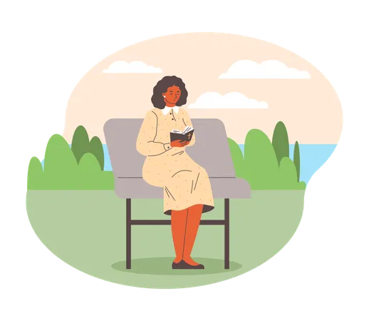 Frau liest Bibelbuch auf Parkbank  Illustration