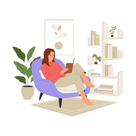 Frau liest Buch auf gemütlichem Sessel  Illustration