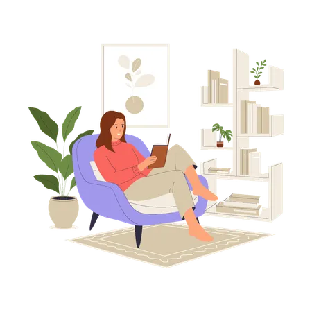 Frau liest Buch auf gemütlichem Sessel  Illustration