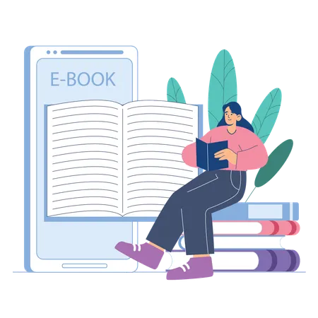 Frau liest Buch aus Online-Bibliothek  Illustration