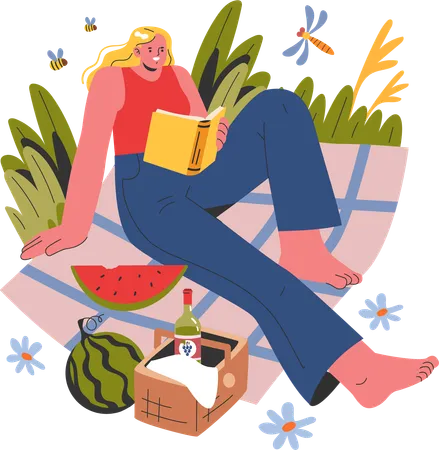 Frau liest Buch beim Picknick  Illustration