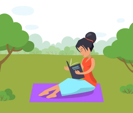 Frau liest Buch im Garten  Illustration