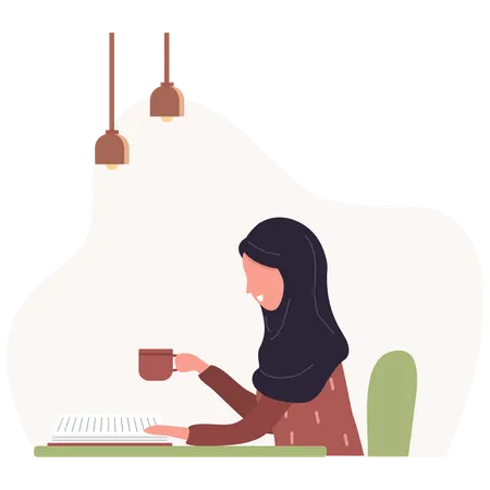 Frau liest Buch beim Kaffeetrinken  Illustration