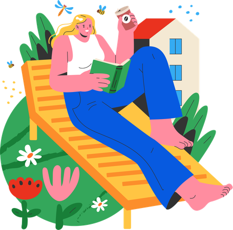 Frau liest Buch und trinkt Kaffee zu Hause  Illustration