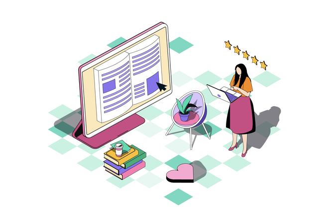 Frau liest E-Book mit Laptop  Illustration