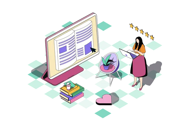 Frau liest E-Book mit Laptop  Illustration