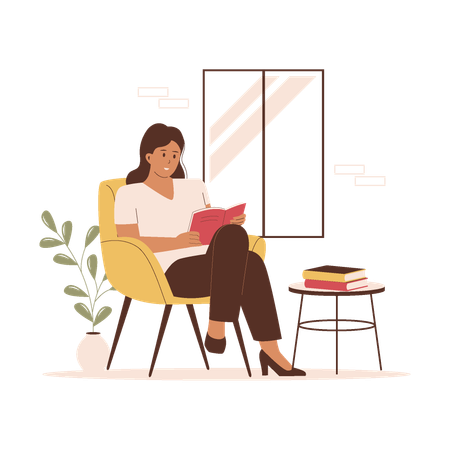 Frau liest ein Buch, sitzt auf einem Sofa neben dem Fenster  Illustration