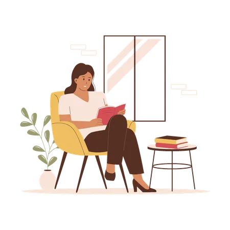 Frau liest ein Buch, sitzt auf einem Sofa neben dem Fenster  Illustration
