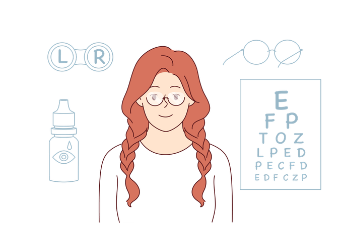 Frau löst Sehprobleme mit Brille und Kontaktlinsen und steht neben Augenarzttisch  Illustration