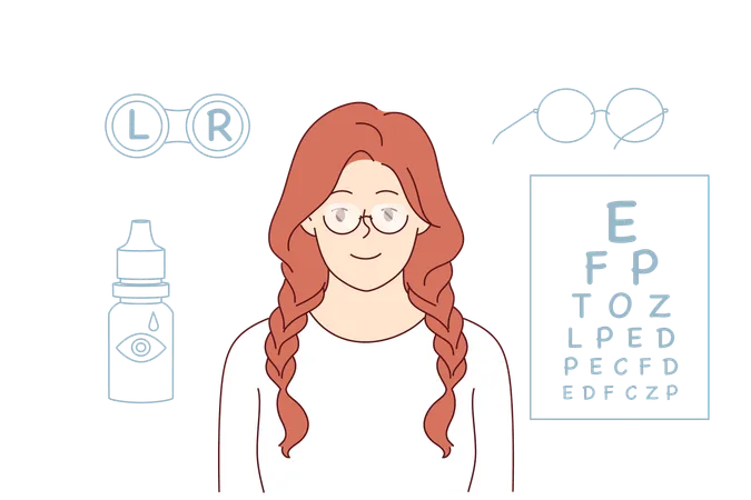 Frau löst Sehprobleme mit Brille und Kontaktlinsen und steht neben Augenarzttisch  Illustration